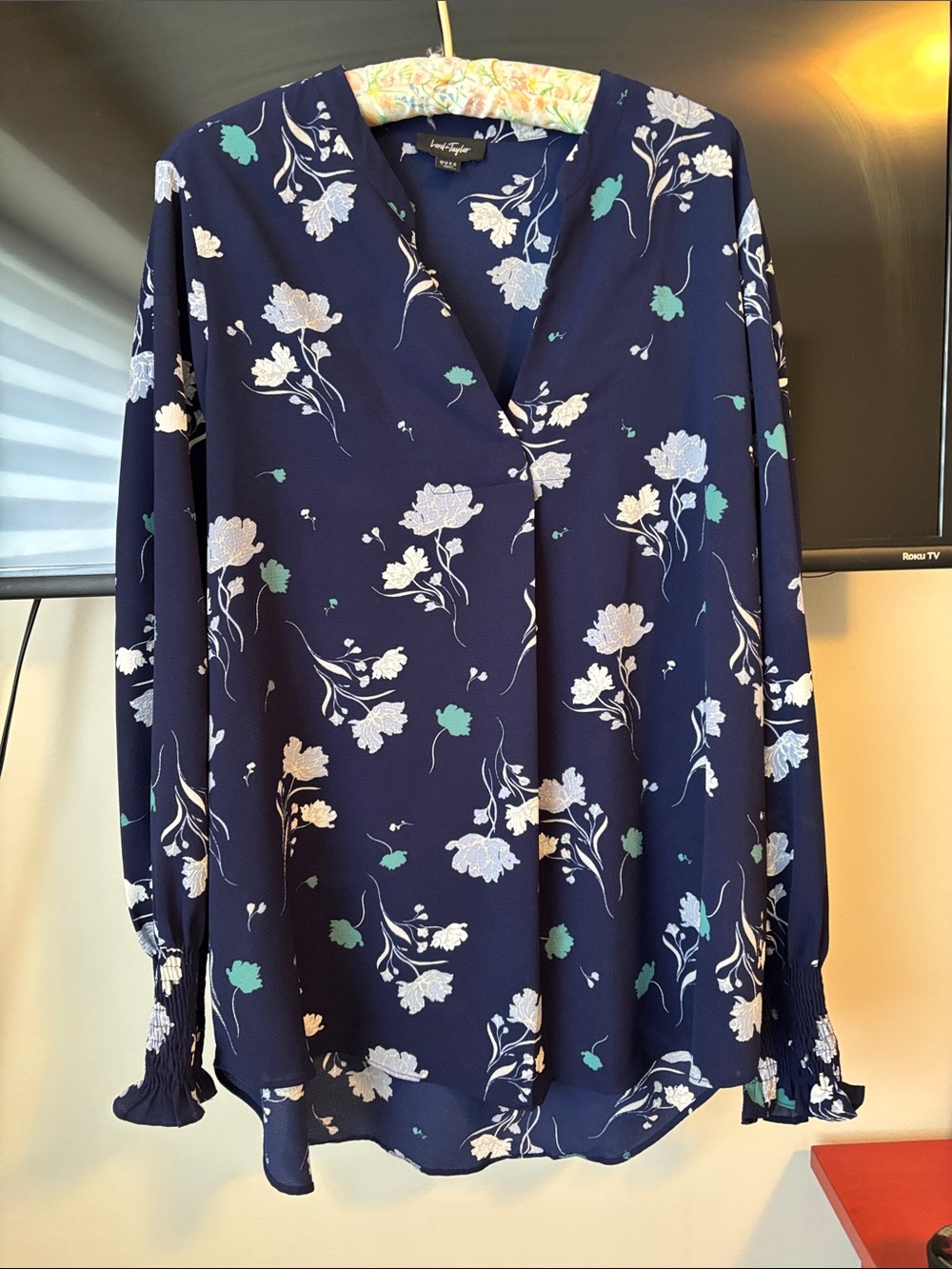 Lord & Taylor Navy Floral V-Neck Blouse with Teal Accents